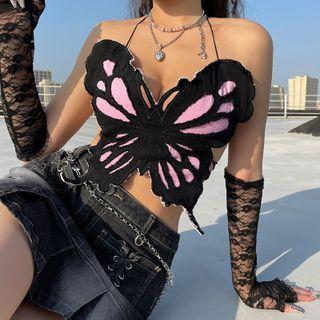 Butterfly Shape Paneled Halter-neck Top