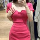 Short-sleeve Lettuce Edge Knit Mini Sheath Dress Rose Pink - One Size