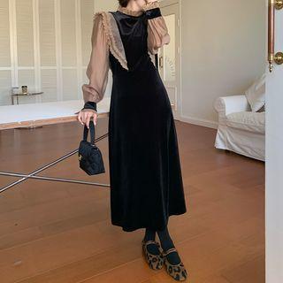 Long-sleeve Lace Trim Velvet Midi A-line Dress Coffee - One Size
