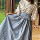 Mock Two-piece Puff-sleeve A-line Dress White & Blue - One Size