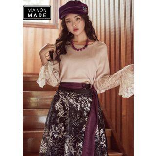 Ruffled Lace-sleeve Knit Top