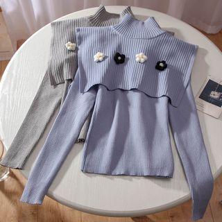 Set: Flower Detail Ribbed Knit Cape + Sweater