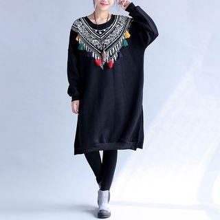 Print Long Sleeve Pullover Dress With Tassel