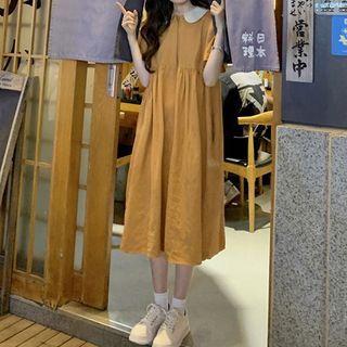 Contrast Collar Midi A-line Dress Brown - One Size