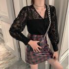 Lace V-neck Long-sleeve Top / Plaid Slim-fit Skirt