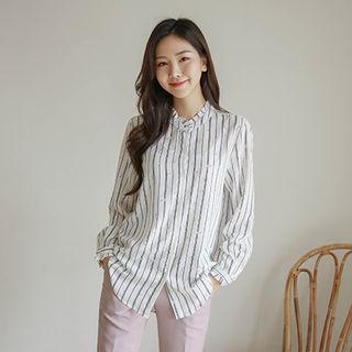 Frilled-collar Floral Striped Blouse