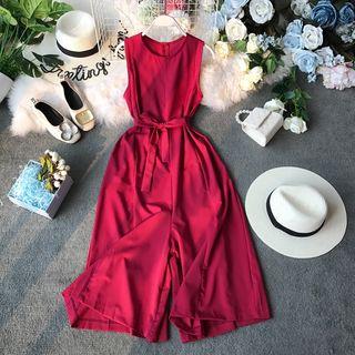 Plain Tie-waist Sleeveless Jumpsuit