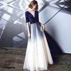 3/4-sleeve Velvet Glitter A-line Evening Gown