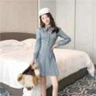 Collared Long-sleeve Pleated A-line Dress