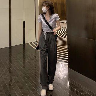 Short-sleeve Leopard Print Drawstring T-shirt / Wide-leg Pants