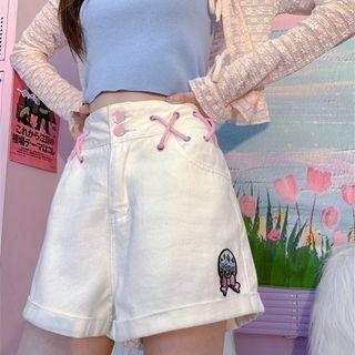 Bow Embroidered Lace Up Denim Shorts