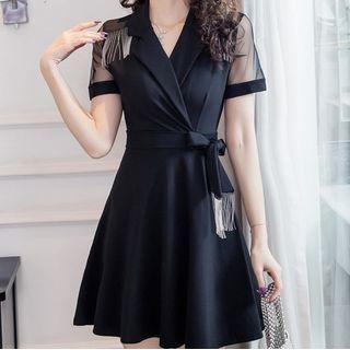 Mesh Panel Fringed Tie-waist Mini Dress
