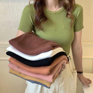Plain Short-sleeve Ribbed Top