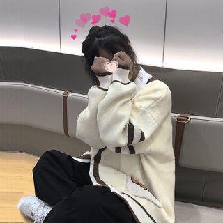 V-neck Embroider Letter Oversize Cardigan