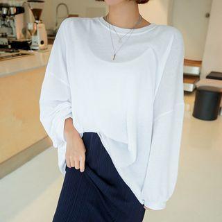 Batwing-sleeve Plain T-shirt White - One Size