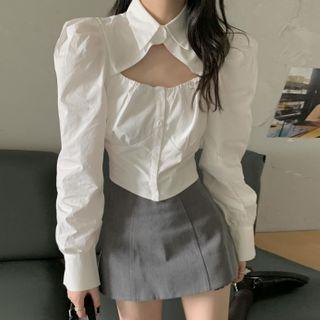 Long-sleeve Cutout Crop Shirt White - One Size