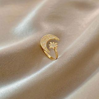 Moon & Star Rhinestone Alloy Open Ring J481 - 1 Pc - Gold - One Size