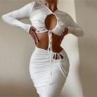 Set: Long Sleeve Cutout Drawstring Ruched Crop Top + Sheath Midi Skirt