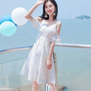 Cold-shoulder Mini A-line Lace Dress