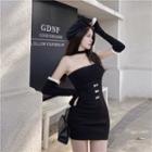 Set: Strapless Mini Bodycon Dress + Arm Sleeves Black - One Size