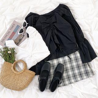 Bell-sleeve Plain Drawstring Top