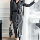 Buttoned V-neck Long-sleeve Midi Sheath Dress