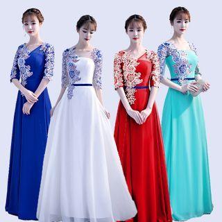 Short-sleeve Floral Embroidered Maxi Prom Dress