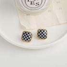 Square Checker Alloy Earring 1 Pair - S925 Silver - Check - Black & White - One Size