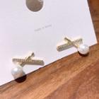 Faux Pearl Rhinestone Cross Stud Earring 1 Pair - Silver Needle - Gold - One Size