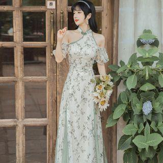 Short-sleeve Cold Shoulder Floral Print Midi A-line Qipao