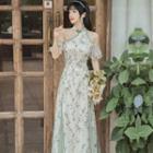Short-sleeve Cold Shoulder Floral Print Midi A-line Qipao