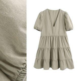 V-neck Puff Short-sleeve Oversized A-line Dress