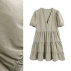 V-neck Puff Short-sleeve Oversized A-line Dress