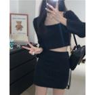 Set: Square-neck Knit Crop Top + Mini Pencil Skirt Black - One Size