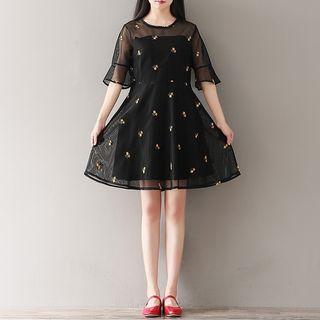 Elbow-sleeve Floral Embroidered A-line Mesh Dress