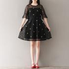 Elbow-sleeve Floral Embroidered A-line Mesh Dress