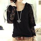 Lace Panel Long-sleeve Top With Brooch
