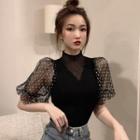 Dotted Balloon-sleeve Ribbed Knit Top