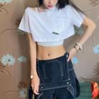 Set: Short-sleeve One-shoulder Cropped T-shirt + Lettering Crop Tank Top
