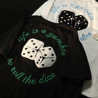 Elbow-sleeve Dice Print T-shirt