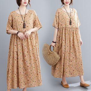 Short-sleeve Printed Midi A-line Dress Light Tangerine - One Size