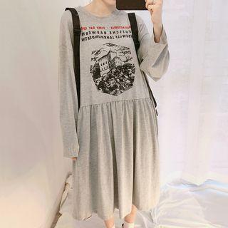 Print Long-sleeve A-line Dress Gray - One Size