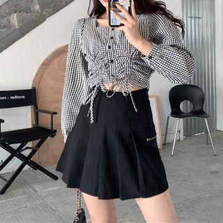 Long-sleeve Checked Drawstring Crop Top