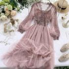 Long Sleeve V-neck Polka Dot Laced A- Line Dress