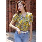 V-neck Ruffle-trim Floral Blouse Yellow - One Size