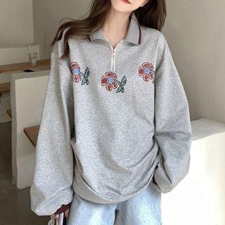 Collared Flower Print Sweatshirt Gray - One Size