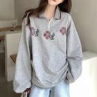Collared Flower Print Sweatshirt Gray - One Size
