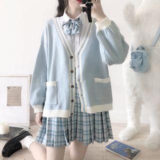 V-neck Contrast Trim Cardigan Blue - One Size