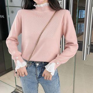 Ruffle Trim Mock Turtleneck Long-sleeve Knit Top