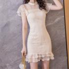 Ruffle Trim Lace Short-sleeve Mini Bodycon Dress